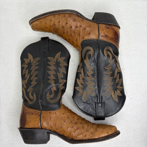 Justin Mens Full Quill Ostrich Western Cowboy Boots Black Brown Square Toe 10.5B - Picture 11 of 13